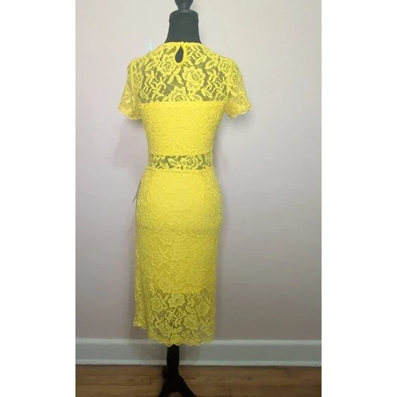 Nordstrom Yellow Floral Lace Midi Dress Short Sleeve Occasion Size XSmall - Picture 5 of 13